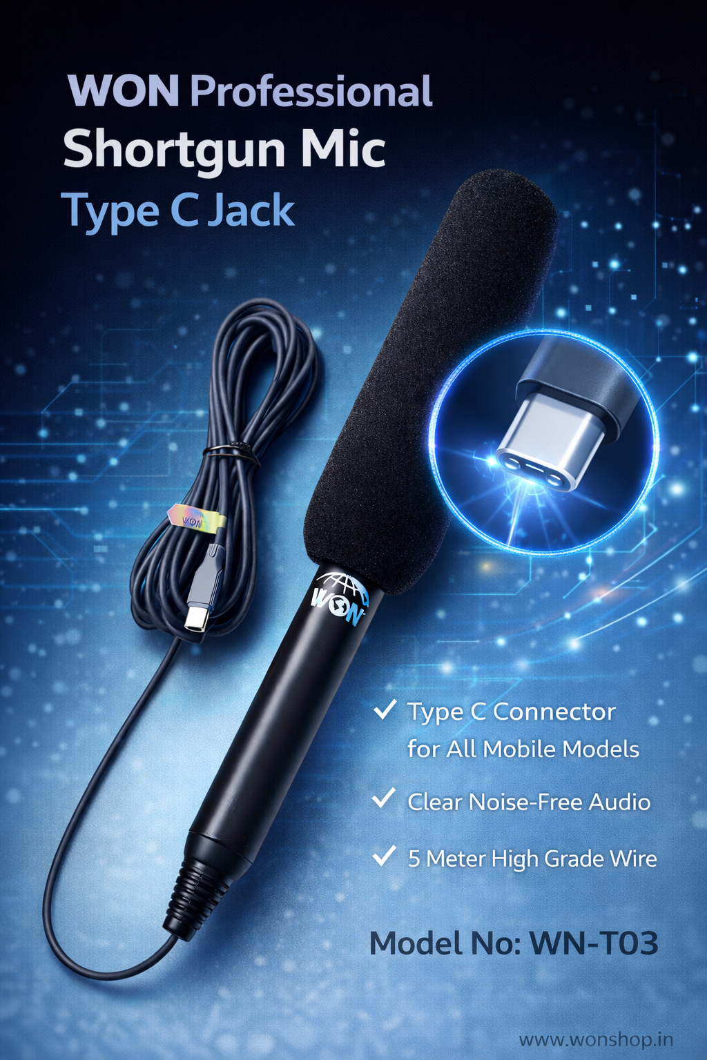 WON WN-T03 Professional Microphone 5 mtr C type wier all mobile support Black color