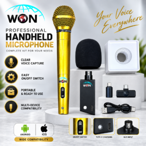 WON Professional Gold Handheld Wireless Microphone with Wireless Receiver, Type-C & Lightning Mobile Adapters, Mic Flag, Foam Cover and USB Charging Cable